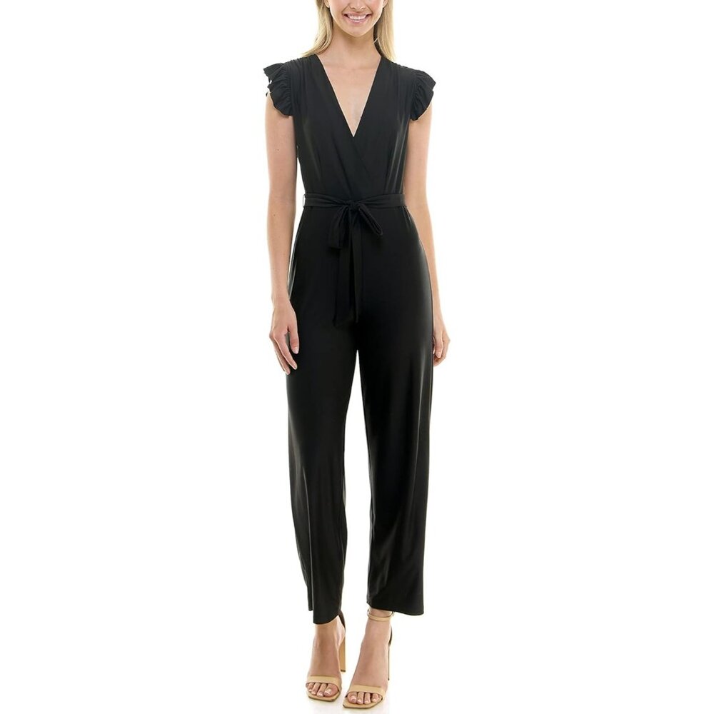 Sharagano Monaco Stretch Pant Jumpsuit Flutter Sleeve Black Size 14 NEW